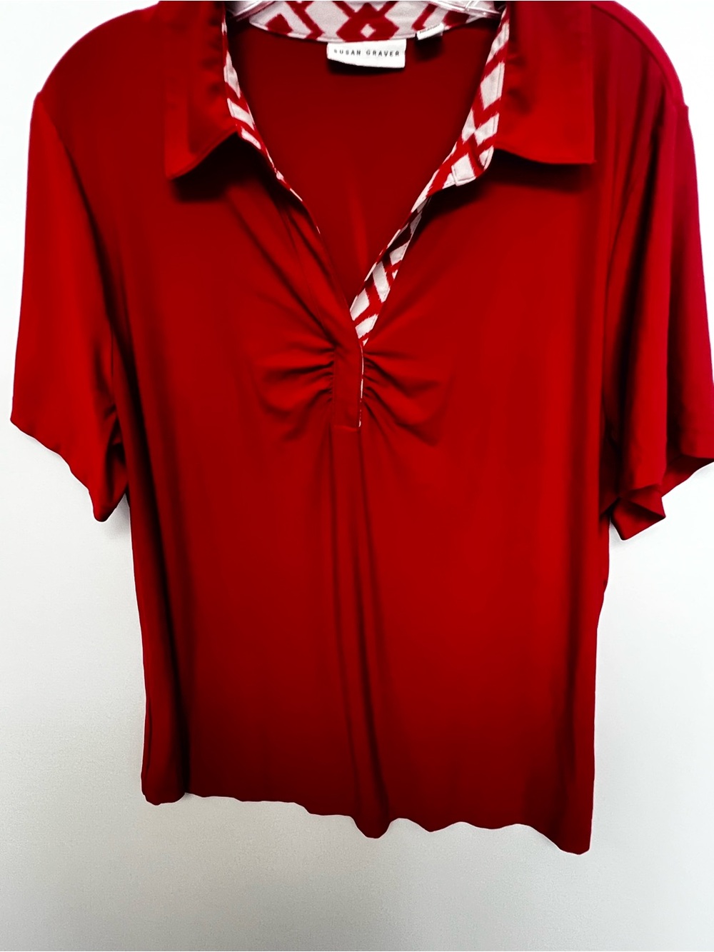 Susan Graver Women's Red Short-Sleeve Polo w/Patterned Trim at collar/neckline - Picture 6 of 8